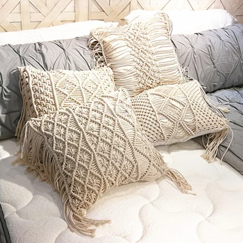Възглавници за дивана 45*45 см Памучен въже Ресни Ръчно изработени от памучна нишка Калъфка Геометрична впечатлява със своя Бохемски стил Калъфка за домашен Декор