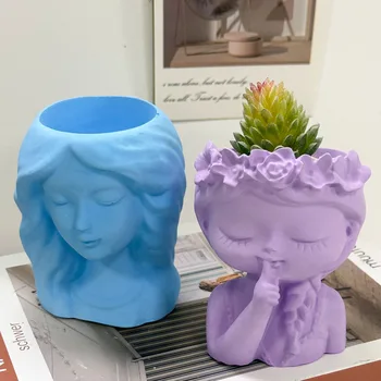 Бетонна ваза Силиконова форма на САМ саксия във формата на главата на Момичето Занаят производство на подаръци От гипсова смола Държач за химикалки Форми за Леене на Домашен интериор