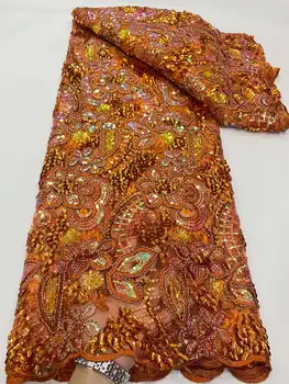 Луксозна африканска лейси плат 2023 най-новата оранжева индийски плат сари Благородна тюлевая лейси плат с 3D блясък сватбената рокля YYZ891