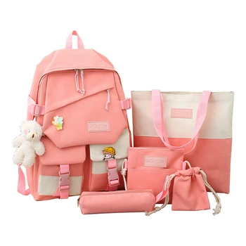 Раница контрастни цветове от 5 теми с пеналом, чанта през рамо, модерен училищен раница със защита от надраскване, водоустойчив за пазаруване