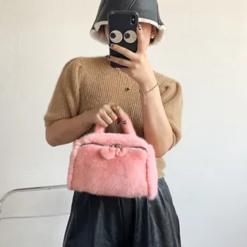 Кожа чанта, Чанта от кожа на норка, Чанта, Дамска Зимна чанта на едно рамо, Естествена мека чанта-Месинджър, Модерен Кожен дамски чанта
