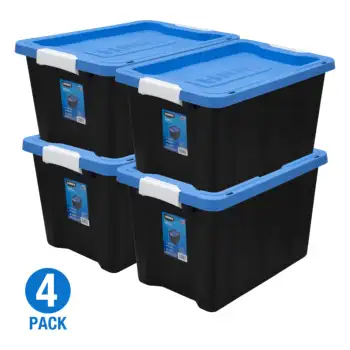 Пластмасов контейнер за съхранение с тик-так с обем 12 литра, черен с тъмно син капак, комплект от 4