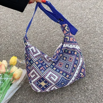 Ежедневни холщовая чанта през рамо за жени, чанта-скитник с геометричен модел, Реколта чанта за равиоли с Голям капацитет, чанта-тоут за пазаруване