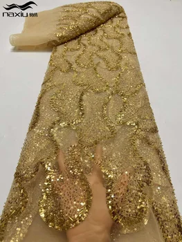 Лейси плат Madison от африкански мъниста, 5 Ярда 2023, Висококачествени Пайети, Нигерийски сватбен Материал, Луксозни платове за шивашки рокли