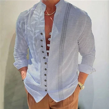 Мъжка риза с висока яка, Свободна блуза с дълъг ръкав, Ризи с копчета, върхове