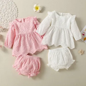 Baywell/Комплекти дрехи за малките момичета, Памучни ежедневни обикновена блузи с дълъг ръкав + шорти, 2 броя, есенно-пролетно облекло за бебета, облекло