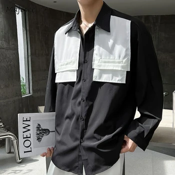 Ежедневни Мъжки ризи, Контрастен цвят, Фалшив от две части с Дълъг ръкав, Просто Случаен корейски Стил, Модни Эстетичные Красиви Напреднали върховете