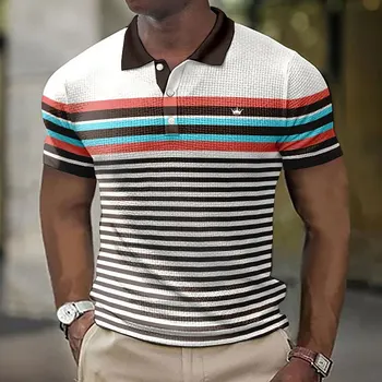 Мъжка тениска-поло с 3D принтом райе, Къс ръкав, Летни блузи поло с отворотами, Ежедневни модерно мъжко облекло-поло, Дрехи оверсайз