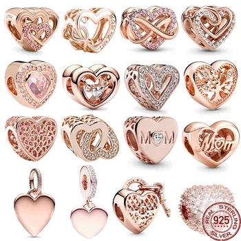 Оригинално Rose позлатените Семейно Безкрайно Розово сърце и гравируемая етикет със сърца, очарователен мъниста, подходящ за браслету Pandora от сребро, Проба 925, бижута