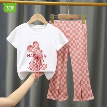 Комплекти летни детски дрехи в корейски стил, костюми catoon с къси ръкави, хубава тениска за момиченца и каре панталони, костюми от 2 теми