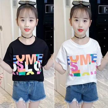 2023, Корейската Лятна Детска тениска с писмото принтом за момичета, Летни Блузи, Бебешки дрехи, Модни Детски Ежедневни тениска с къс ръкав