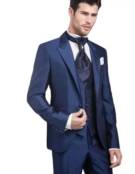 3 бр. Тъмно сини Мъжки костюми За сватба Смокинг младоженеца На поръчка Блейзър Панталони Празнична облекло Яке + Панталон + Елек + вратовръзка