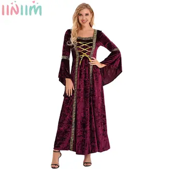 Жена Средновековна рокля от Епохата на Възраждането, Хелоуин, Викториански Готически костюм на Вампир, Вещица, Кралят костюм, Двореца облекло