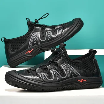 Мъжки сандали от естествена кожа, Дишащи обувки от въздушна мрежа За мъже, Лято 2023, Големи размери 38-44, Плажна мъжки обувки Crox 