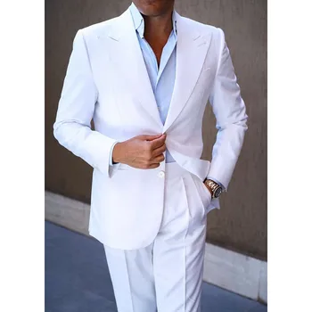 Нов Дизайн, Бизнес Мъжки Костюми от 2 теми, 2023, Оборудвана Смокинг за Младоженеца с Ревера, Бяла Официален Мъжки Сватбен Костюм (Сако + панталон)