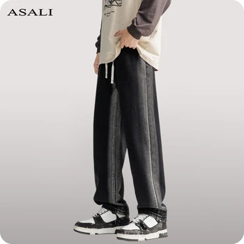 2023 Корейски Мъжки Ежедневни Дълги дънки, Мъжки Прав Широки дънкови панталони, Широки улични панталони, Есен-зима, Свободна градинска облекло