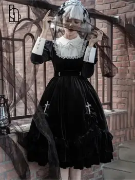Есен Черна рокля Трапецовидна форма с Дълъг ръкав За Бала, Жената Винтажное Готическа рокля в стил Лолита