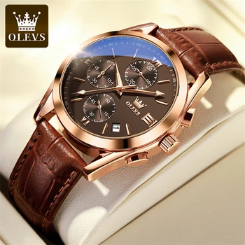 Бизнес мъжки часовник OLEVS Най-добрата марка на Луксозни От кожа Водоустойчив многофункционален кварцов часовник с хронограф дата Relogio Masculino