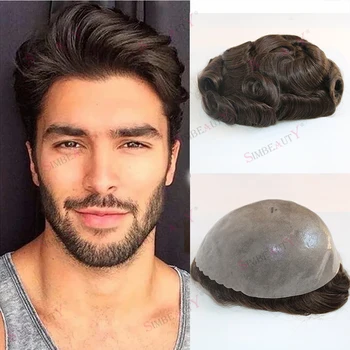 Перука за мъже от здрава кожа с възли Мъжки Протеза от 100% от Европейските човешка коса Мъжки изкуствена коса Кафяво-черна система замяна