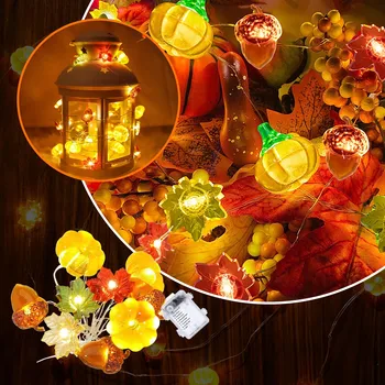 Отделението блок на Деня на Благодарността, led лампа като кленов лист, Венец за вътрешен и външен декор, Венец 3 метра, 30 Светлини, украса за Хелоуин