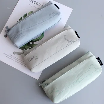 Чанти за моливи от памучна тъкан в свеж стил, двуслойни чанти за моливи за студенти с анимационни котка, прости и практични чанти за моливи