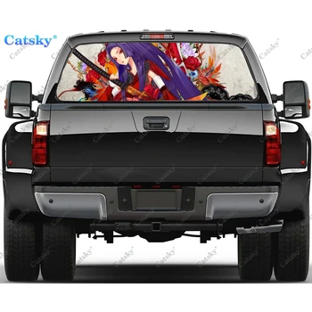 Стикер на прозореца на колата с образа на момичета-самурай от аниме, видео декоративна стикер на камион от PVC, перфорирана vinyl универсален стикер