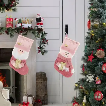 Чорапи за съхранение на играчки, Искрящо Розово Плюшено Коледно отглеждане с пайети, Окачен подарък пакет Коледна елха за празнични партита