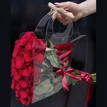 5 бр., Прозрачна цветна чанта, Прозрачна Роса, Пластмасов пакет, кутия, Преносими чанти за опаковане на Цветя, Подарък чанта, Сватбената чанта