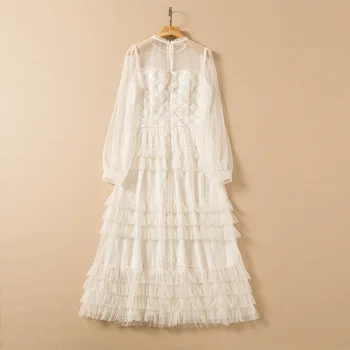 Пролетно-лятно ново сетчатое рокля с дълъг ръкав, расшитое перли