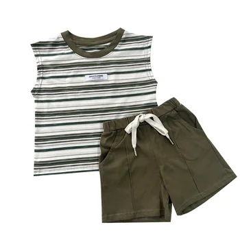 Летен Комплект дрехи за малки момчета 2023 г., Тениски с кръгло деколте, памучен риза в райе + шорти, 2 бр., Корейски костюми за бебета, ежедневни костюми за деца