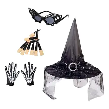 Модерна шапка на вещица за Хелоуин с пирони, ръкавици-скелети и слънчеви очила Вещици
