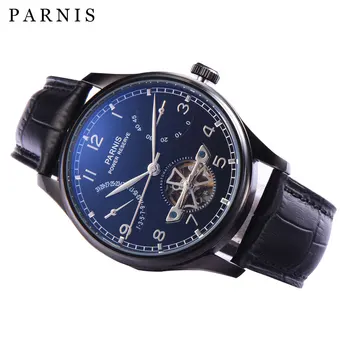 Модерен мъжки часовник Parnis 43 мм, напълно черни Механичен Автоматичен часовник с Турбийоном, кожена каишка, Запас на хода, Мъжки часовник reloj hombre