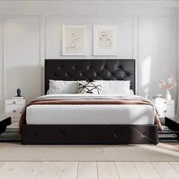 Пълен размер на рамка на легло с 4 чекмеджета за съхранение и регулируем таблата, черен, кафяв