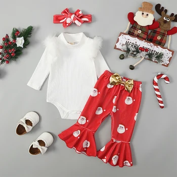 Коледна дрехи за малките момичетата от 0 до 2 години, гащеризон в рубчик с дълъг ръкав и висока воротом, разкроена панталони с принтом Дядо Коледа, превръзка на главата