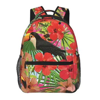 Раница с тропически птици, листа, Тукана и цветове на Хибискус, Женски Мъжки Раница с Голям капацитет, Пътна чанта на открито, Всекидневни раница