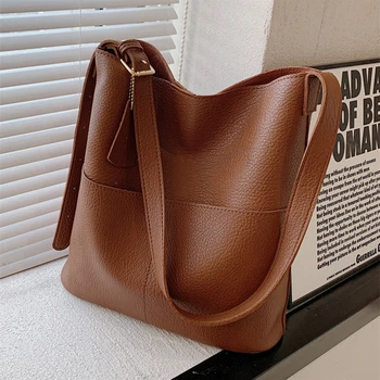 Висококачествена чанта от изкуствена кожа, чанта на рамото за жени, по-Голямата Голям чанта във формата на кофата, чанти-тоут