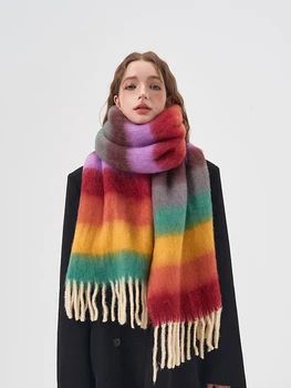 Вълнен шал в райе в контрастен цвят, женски мека, защитава от студ, дебел шал, с кръгло деколте, Луксозен дизайнерски