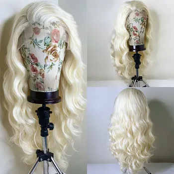 Светъл Бял Розов Синтетични перука на дантели, предварително выщипанный от естествена линия на растеж на косата, Висококачествено Волнистое Термостойкое влакна, За жени