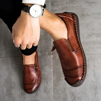 2023 Нова Кожена Ежедневни мъжки обувки, ръчно изработени, Дизайнерски Обувки, Мъжки Лоферы, Обувки за шофиране, Зашити на ръка, Удобни Кожени обувки