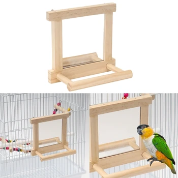 Дървена птичья клетка на платформата, огледало, пред които играчка за по-малките птици R7UB