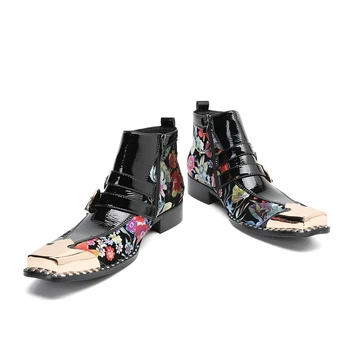 Мъжки обувки от естествена кожа с флорални принтом в стил пънк, Военни каубойски ботильоны с метална квадратна пръсти и тока, Мъжки Sapatos Social