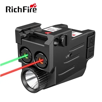 Лазерен мерник Richfire със зелен / червен лъч, led лампа, разход на дълъг пистолет, Компактен пистолетен лампа, Акумулаторна батерия оръжеен фенер за пистолети