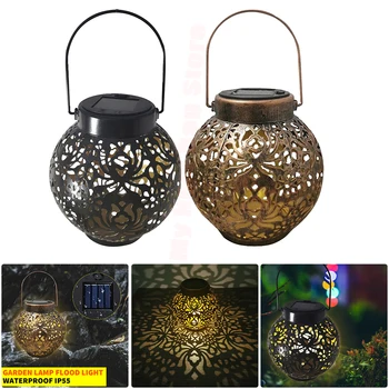 Ретро Градински метална выдолбленный фенер Със соларна водоустойчива led подсветка, прожекционен окачен лампа с цветя за украса на градината и двора