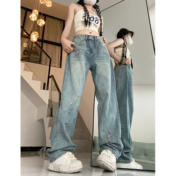Градинска дрехи, реколта дънки, ретро-син цвят Y2k, модни панталони Splash Ink за жени, летни дънкови дълги панталони в корейски стил