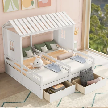 Начална легло Twin Size, Легло-платформа прост дизайн с две чекмеджета, Комбинация от 2-те разположени близо легла Twin Size. костюми за деца