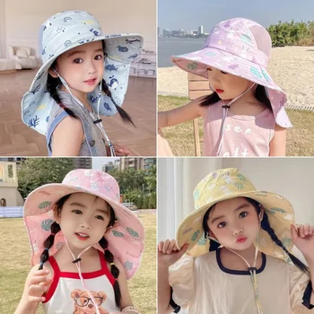 Градинска лятна шапка за деца, Детска Солнцезащитная шапка, чанта за врата и ушите, Слънчеви плажни шапки за момичета и момчета, шапка с клапа за деца