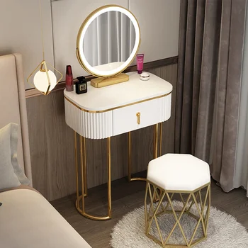 Бяла тоалетка с USB-осветление за момичета в скандинавски стил, Луксозен тоалетка за спалня, чекмеджето, Очарователна мебели за прически, Удобна