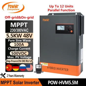 PowMr в мрежата и извън мрежата 5,5 кВт 48 В Хибриден слънчев инвертор PV 500 В Подкрепа на паралелно свързване на 12 устройства, Вградено зарядно устройство MPPT 100A с Wi-Fi