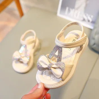 Сандали за момичета, Лятото 2023, Нова детски обувки на Принцесата на равна подметка с мека подметка, Модни детски плажни обувки с лък