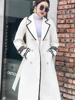 Бялата вълна палто, Дамска есенно-зимно яке със средна дължина, палта в стил Британската Хепбърн, утепленное Приталенное черно двубортное палто, тренч
